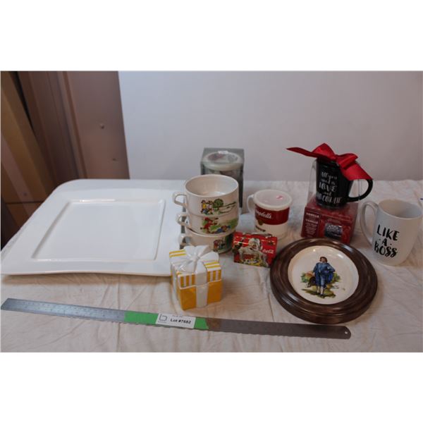 misc. Items; mugs, painting, serving tray