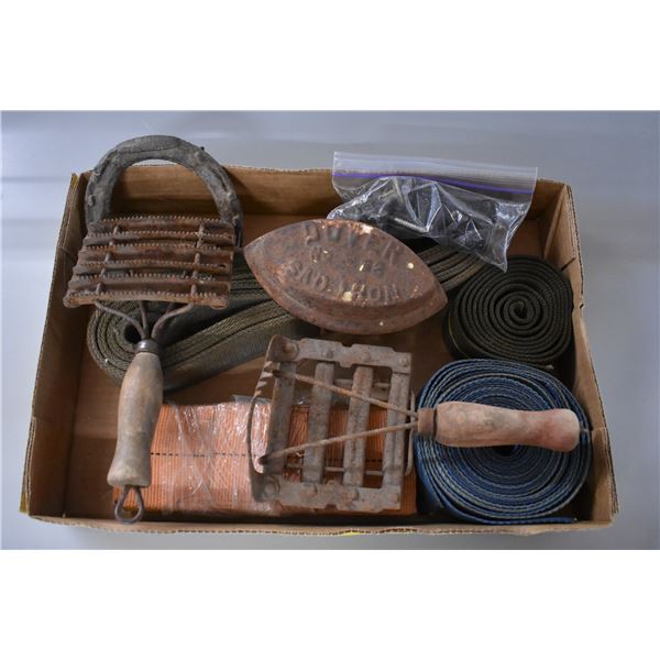 Curry Combs, Sad Iron, Tie-Down Straps, and Horseshoe