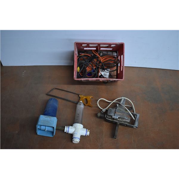 *Crate of Extension Cords, Power Drill, Hand Saw, and Misc