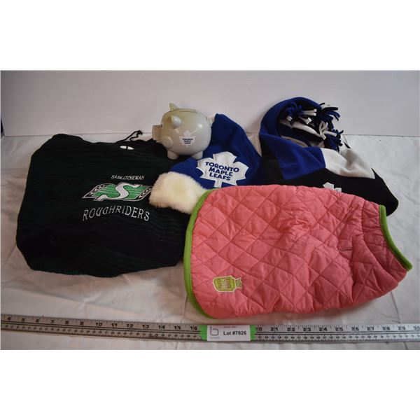 Roughriders Bag, Maple Leafs Hats and Piggy Bank, and Dog Jacket