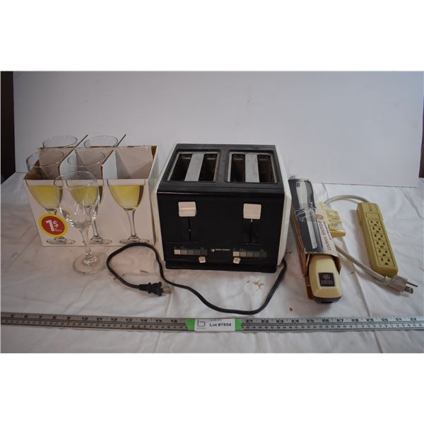 Toaster, Electric Knife, Wine Glasses, and Extension Cord
