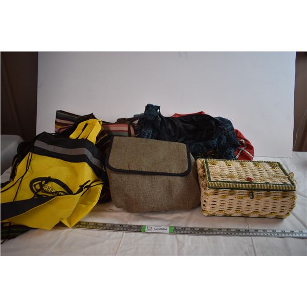 Various Bags and Wicker Box with Sewing Supplies