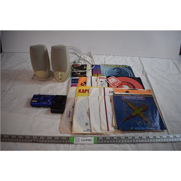 Nikon Coolpix Camera, Speaker Set, and 45 Records