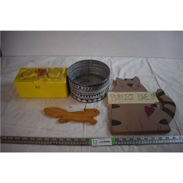 Tin Planter, Box of Crayons, and Wooden Ornaments