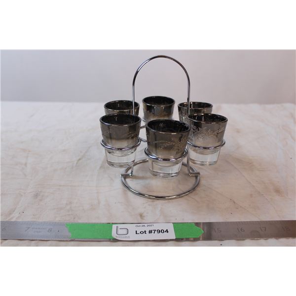 Etched glass shot glasses in holder