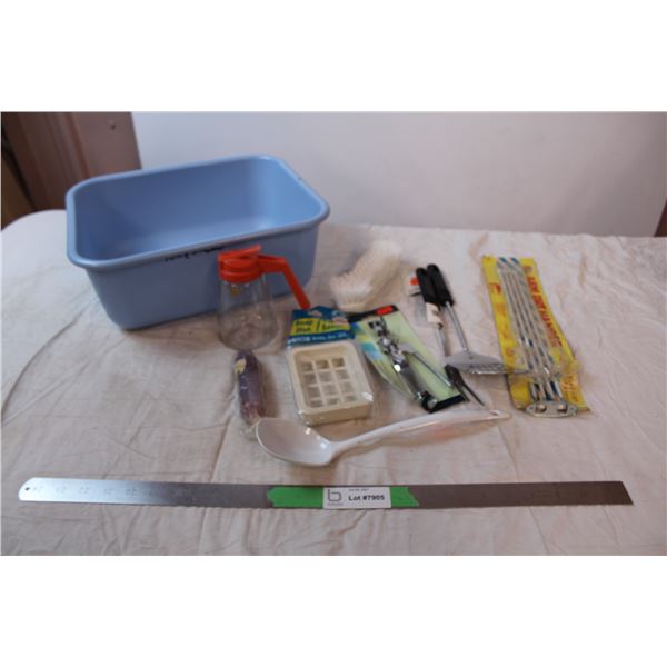 Misc. Items; plastic basin, can/bottle opener, arm dry hanger