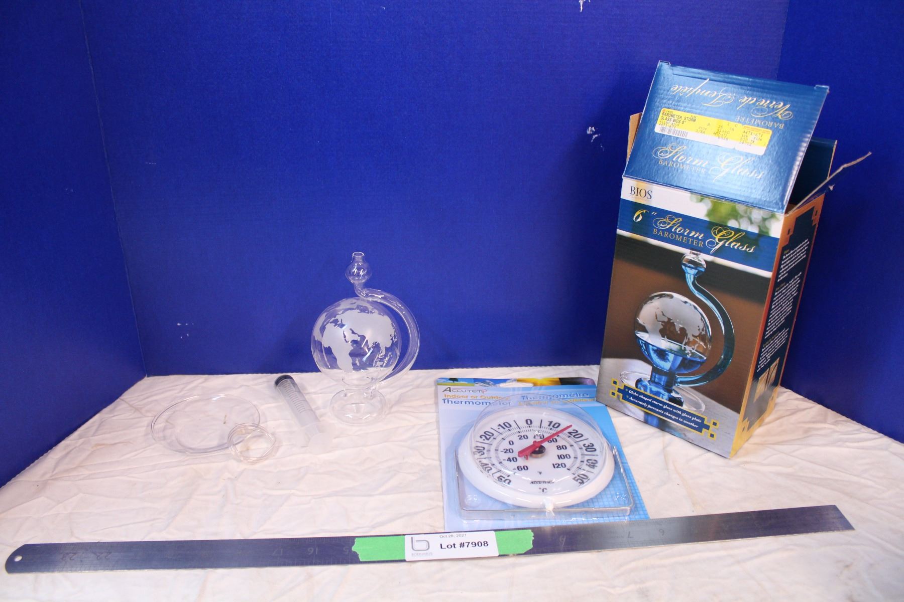 Glass globe barometer, thermometer