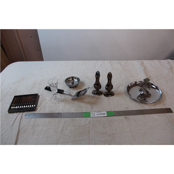 misc. Items; etched shot glass, salt & pepper shakers, drain plug