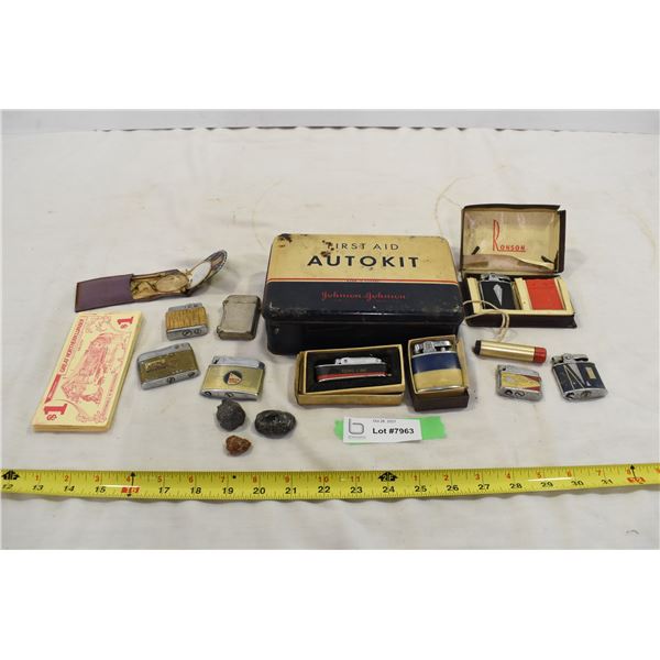 J&J Vintage Tin w/ Lighters & Misc.