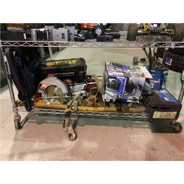 FOLDING SEAT CUSHION, CIRCULAR SAW, SOCKETS, CHAIN, SMALL HAND TOOLS, ETC