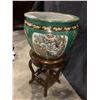 Image 2 : CHINESE PAINTED PLANTER WITH CHINESE ROSE WOOD STAND (16.5 X 13.5")