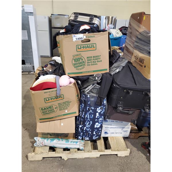 PALLET OF CLOTHING, SUIT CASES, BAGS & MORE