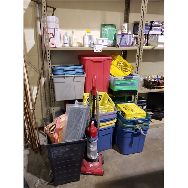 3 SHELVES OF ASSORTED BINS, DIRT DIRT DEVIL VACUUM, CLEANERS & MORE