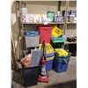 Image 1 : 3 SHELVES OF ASSORTED BINS, DIRT DIRT DEVIL VACUUM, CLEANERS & MORE