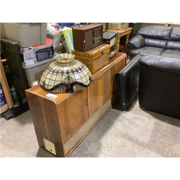 STEREO CABINET, VINTAGE RADIOS, TIFFANY STYLE LAMP & MORE