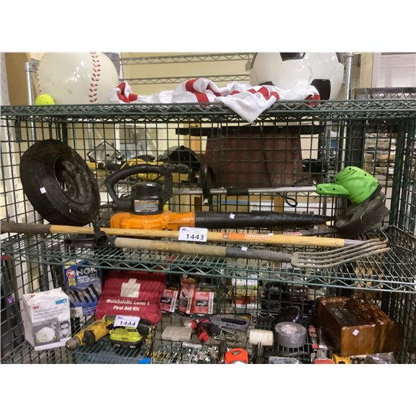 SHELF OF ASSORTED TOOLS (BLOWER, HAND TOOLS, WEED EATER & MORE)