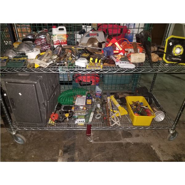 SHELF OF ASSORTED HAND TOOLS, SCREW DRIVERS, AIR LINE, RATCHET & MORE