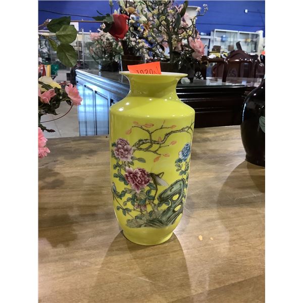 CHINESE PAINTED FLORAL THEMED YELLOW VASE