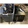 Image 1 : L-TEC MIG130 WELDER & TOTE OF ASSORTED TOOLS, SAFETY MASKS, SOCKET, PUMP, ETC