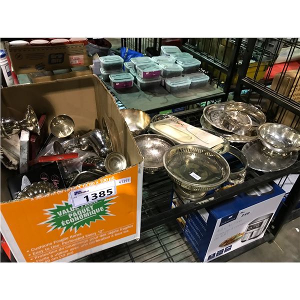 SHELF LOT OF ASSORTED SILVER PLATED DINNER WARE