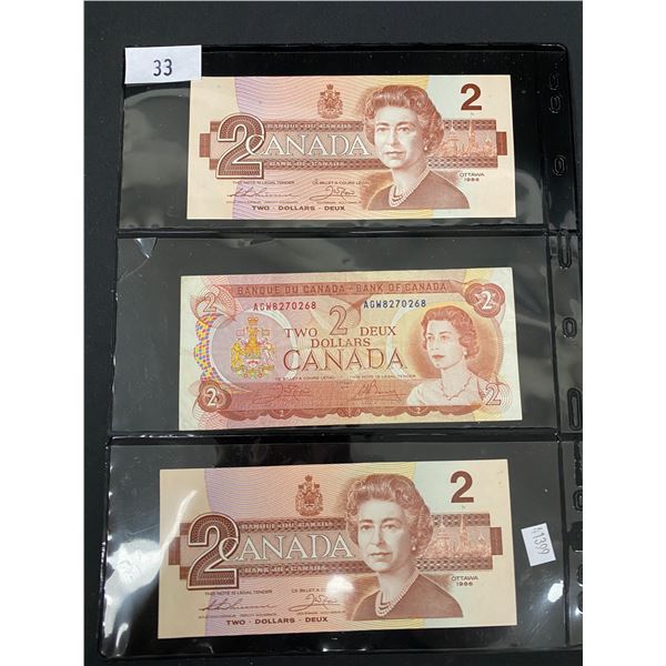 3 ASSORTED CANADIAN $2 BILLS