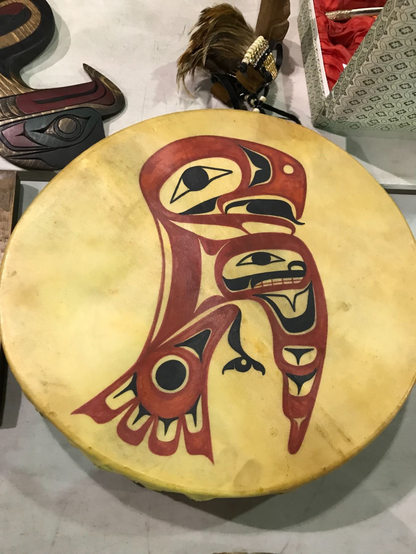 First Nations Instrument Craft FIRST NATIONS HAND MADE AND PAINTED DRUM SIGNED BY DARREL - Able Auctions