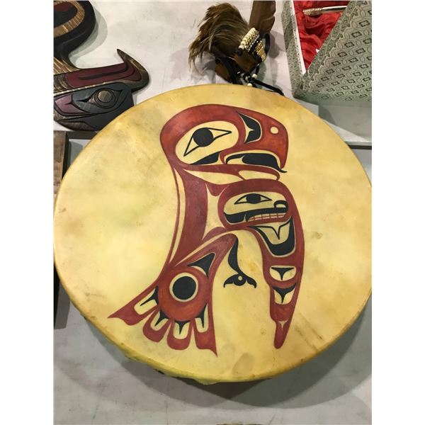 First Nations Instrument Craft FIRST NATIONS HAND MADE AND PAINTED DRUM SIGNED BY DARREL