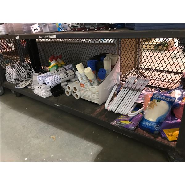 SHELF LOT OF NEW STORE PRODUCT, INCLUDES, HOOKS, SHOWER CADDIES, MATS, HANGERS, AND MORE