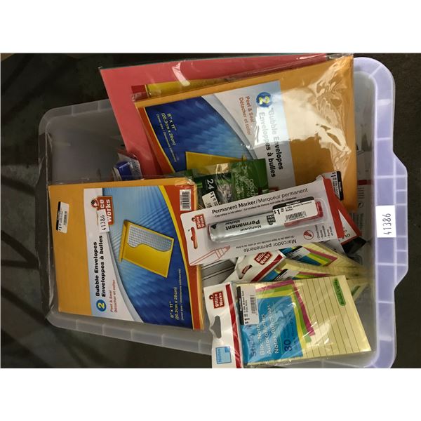 BOX OF NEW ASSORTED OFFICE SUPPLIES, INCLUDES, STICKY NOTES, ENVELOPES, PERMANENT MARKERS, AND MORE