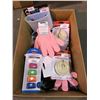 Image 2 : BOX OF ASSORTED BATH AND SHOWER PRODUCTS, BATH GLOVES, TOOTHBRUSH COVER, AND MORE