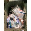 Image 2 : BIN OF ASSORTED FIRST AID PRODUCTS, ELBOW SUPPORTS, GAUZE PADS, COTTON BALLS AND MORE