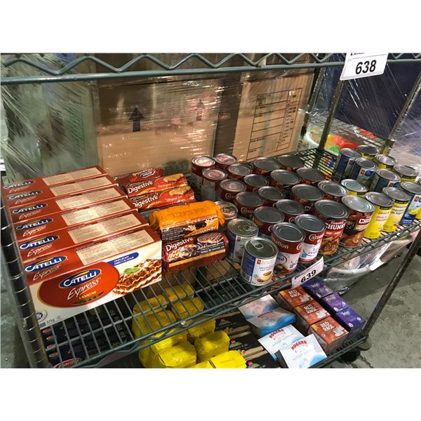 SHELF LOT OF NEW CANNED GOODS, AND FOOD, PASTA, CHUNKY SOUP, CUT WAX BEANS, AND MORE