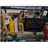 Image 2 : SHELF LOT OF VARIOUS FLUIDS, RUBBER BOOTS, HARDWARE, AND MORE