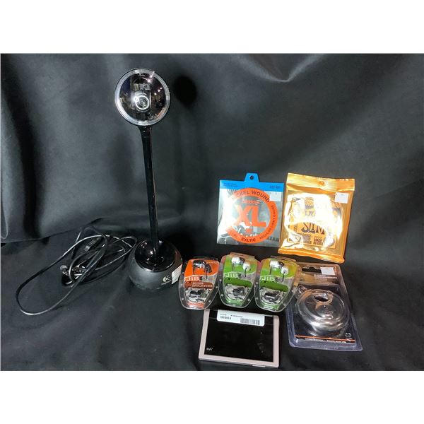 ASSORTED ITEMS INCLUDING; SKULLCANDY EARBUDS, STORAGE LOCK, GUITAR STRINGS, WEBCAM AND MORE