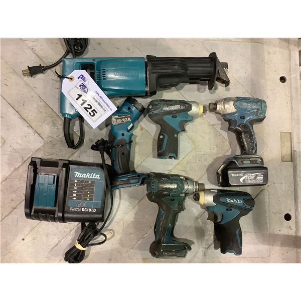 ASSORTED MAKITA TOOLS INCLUDING; CORDLESS DRILLS, BATTERY CHARGER, 1 BATTERY, SAWSALL