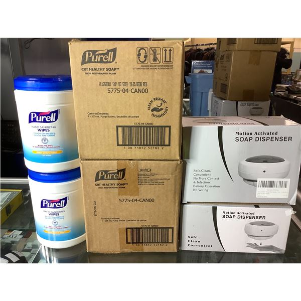 6 NEW PRODUCTS; 2 MOTION ACTIVATED SOAP DISPENSERS, 2 CASES(8 QTY) PURELL CRT HEALTHY SOAP, 2