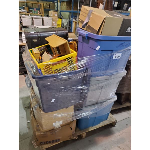 PALLET OF STORAGE LOCKER CONTENTS ORNAMENTS, DECOR, HOUSEWARES, AND MORE