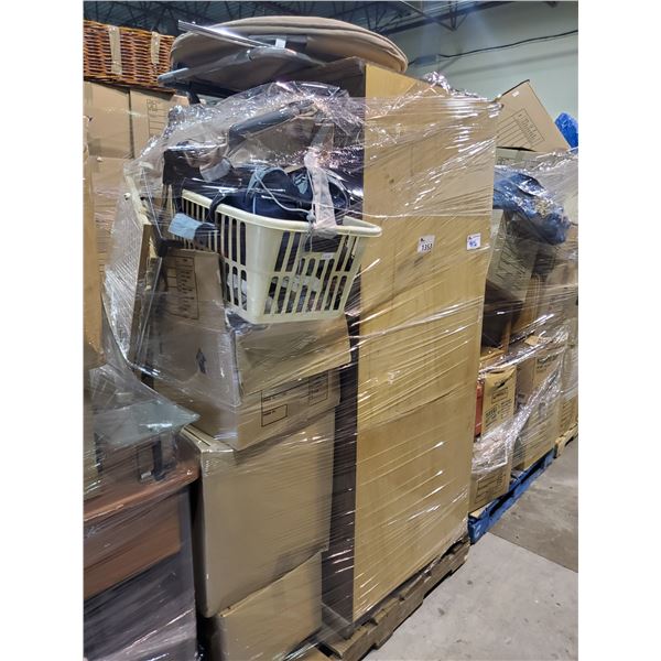 PALLET OF STORAGE LOCKER CONTENTS CLOTHES, SUITCASES, CURIO CABINET, AND MORE