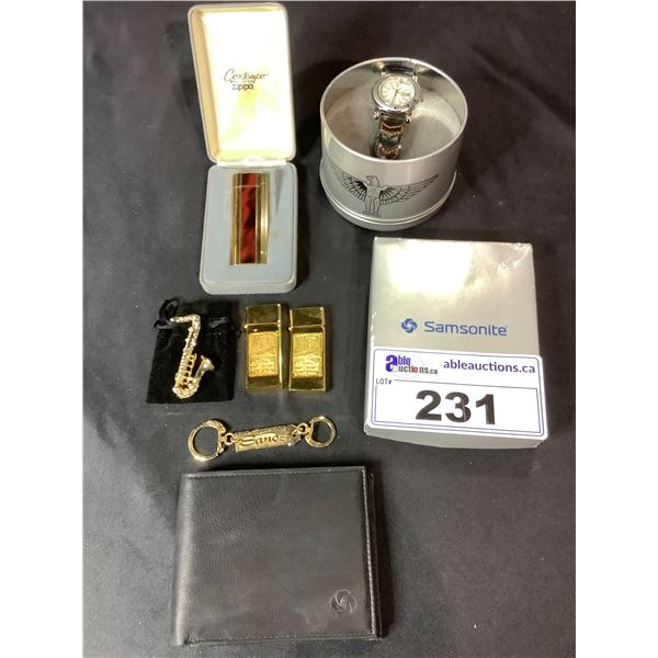 HARLEY BOY WRIST WATCH, 3 LIGHTERS (1 CONTEMPO ZIPPO), BROOCH KEYRING & SAMSONITE WALLET