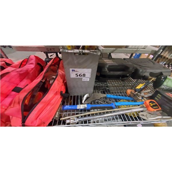 SHELF LOT OF ROAD SIDE ASSISTANCE KITS, PROPANE TORCH, PLIERS, AND MORE