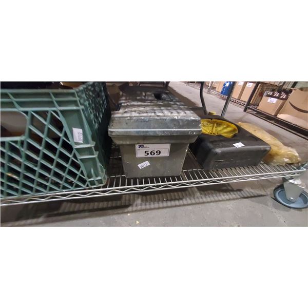 SHELF LOT OF LIGHTS IN TOTES, OIL CHANGE CAN, BOX OF TOOLS, AND MORE