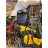 Image 2 : SHELF LOT OF ASSORTED TOOLS, AIR NAILERS WELDING HELMET, CORDLESS SAW, AND MORE