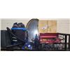 Image 1 : SHELF OF ASSORTED INCLUDES, MASTERCRAFT SHOP VAC, JACK STANDS, GRINDER, AND MORE