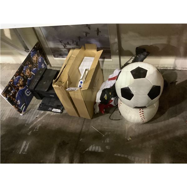 ASSORTED ART, WORK BOOTS, SPORT BALL STANDS, & MORE