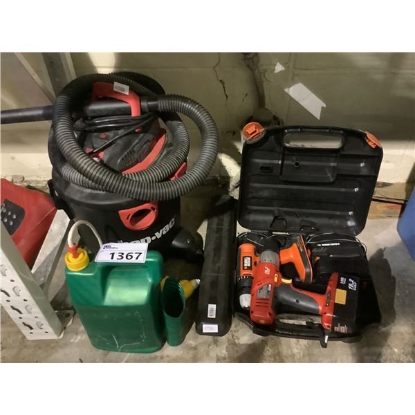 SHOP VAC, SPRAYER, & 2 DRILLS