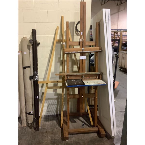 2 ART EASELS, SIDE METAL BED FRAME, 2 CLOSET DOORS, & MORE