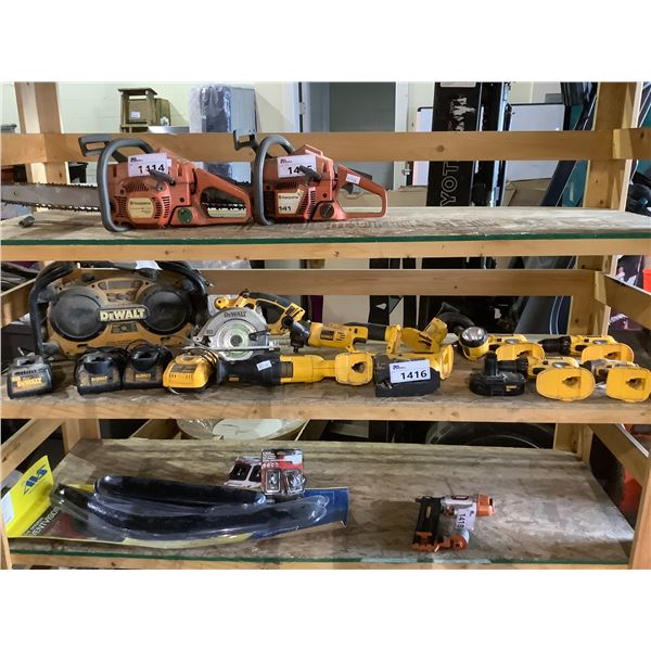 LARGE QUANTITY OF DEWALT ITEMS INCLUDING: 1 BATTERY, CORDLESS TOOLS (SAWZALL, DRILLS, LIGHT, 4