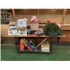 Image 1 : ROLLING TABLE WITH ASSORTED HALLOWEEN DCOR, CHRISTMAS DECOR, & HATS