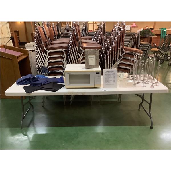 FOLDING TABLE WITH PANASONIC MICROWAVE, LINEN NAPKINS, & CARD STAND HOLDERS