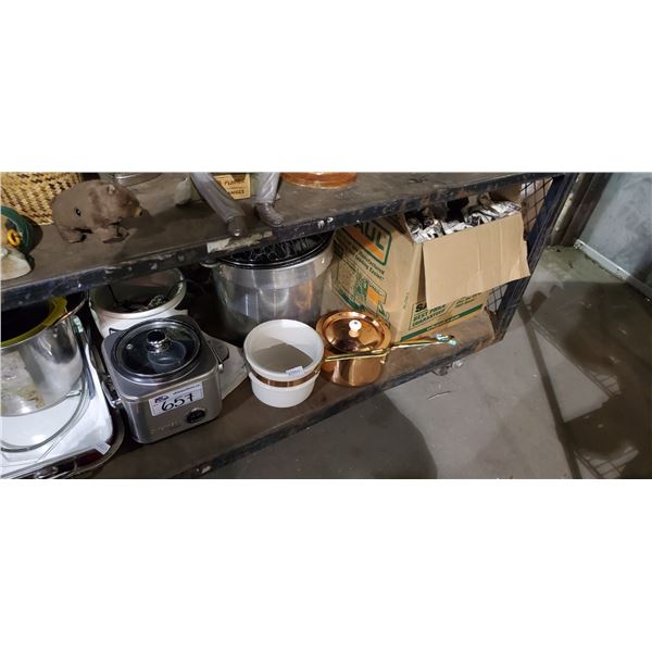 SHELF LOT OF COOKING WARE, GLASSWARE, COPPER POT, AND MORE